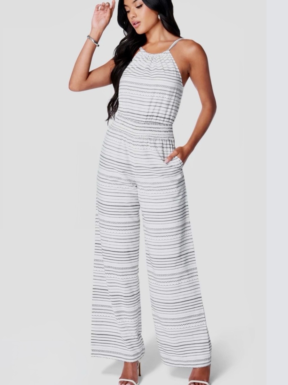 bebe White and Black Striped Smocked Halter Wide-Leg Jumpsuit